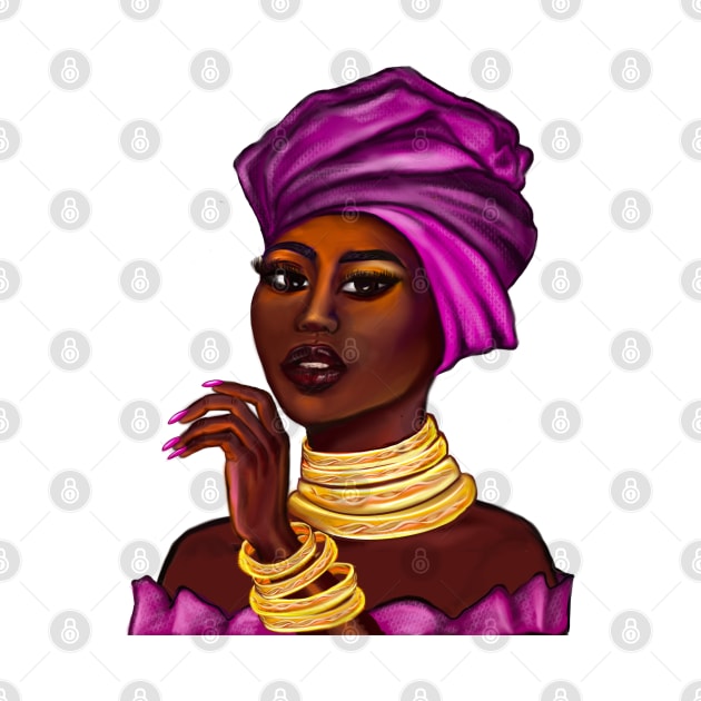 Queen Black is beautiful black girl with Gold bangles, neck ring necklace, purple dress and head wrap, brown eyes and dark brown skin ! by Artonmytee