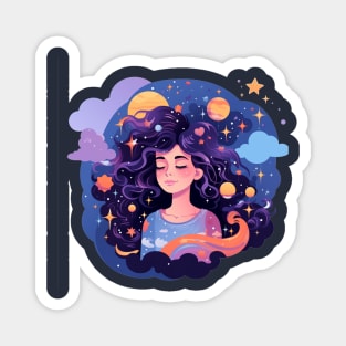 Woman with sweet dreams concept Young girl with galaxy and universe at hairs Magnet