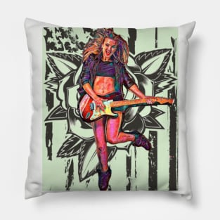 Girl Guitarist (sketched rose background) Pillow