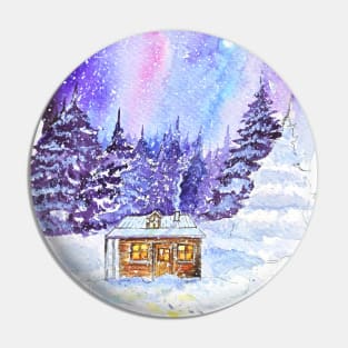 Snowy Night: Watercolor Winter Landscape with Cozy Cottage Pin
