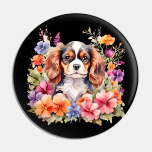 A baby cavalier king charles spaniel decorated with beautiful watercolor flowers Pin