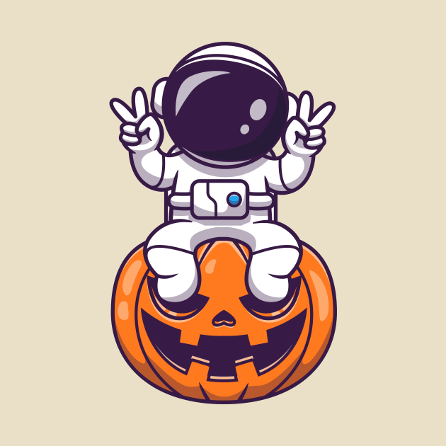 Cute Astronaut Sitting On Pumpkin Halloween With Peace Hand Cartoon by Catalyst Labs