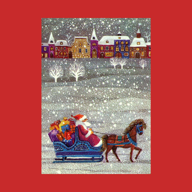 Vintage Santa Claus with Sleigh and Village by MasterpieceCafe