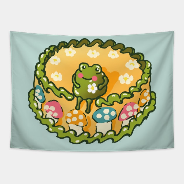 Goblincore Aesthetic Stupid Cute Frog Birthday Cake -Happy Birthday Party - Mycology Fungi Shrooms Mushrooms Tapestry by NOSSIKKO