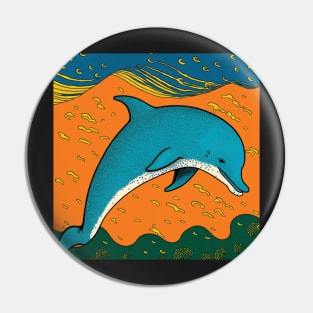 Dolphin in orange, green and teal sea Pin