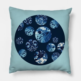 Japanese Abstract Collage Kuniyoshi Print Circles Indigo/Blue/Aqua Pillow