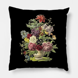 Lush Flower Bouquet in Vase, Vintage Botanical Illustration Pillow