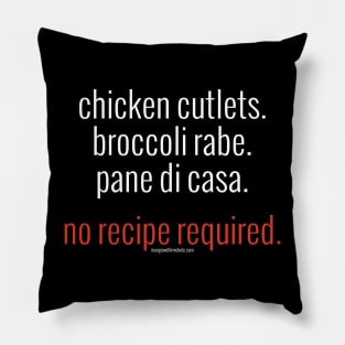 Chicken Cutlets. Broccoli Rabe. Pane di Casa. No Recipe Required. (white letters) Pillow