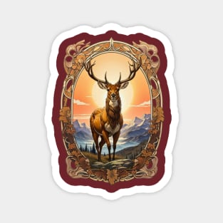 Majestic Deer with mountain sunset background retro vintage design Magnet