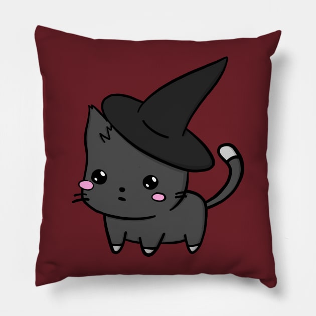 Cute Cat With Witch Hat Pillow by superdupertees