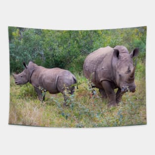 Rhino mother and baby foraging Tapestry