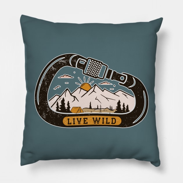 Live Wild // Vintage Mountain Landscape with Carabiner Pillow by SLAG_Creative