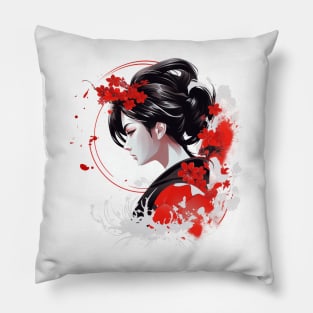 Japanese geisha in striking red Pillow