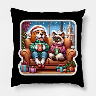 Most Wonderful Time Of The Year Beagle Dog Siamese Cat Ugly Christmas Sweater Hot Chocolate Home Let It Snow Pillow