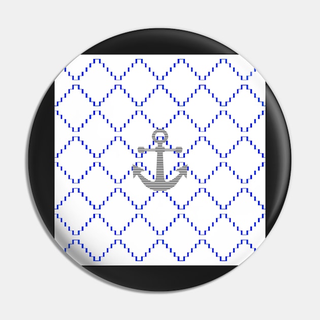 Abstract geometric pattern - blue and white - black anchor Pin by kerens