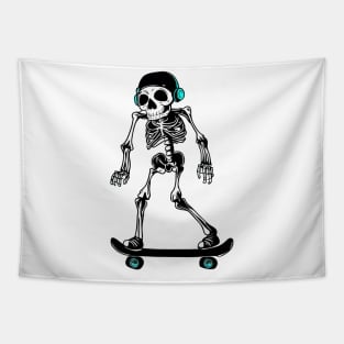 Funny skeleton skateboarder with headphones Tapestry