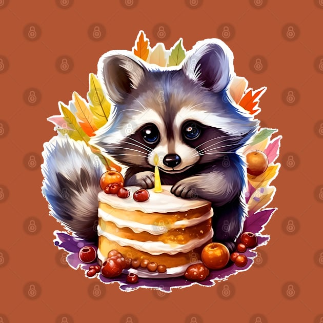 Fall Happy birthday Raccoon with a birthday cake by beangeerie