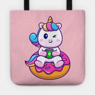 Cute Unicorn With Cofee And Doughnut Cartoon Tote