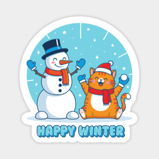 Cute Snowman & Orange Tabby Cat Duo Magnet