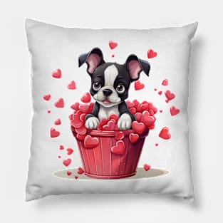 Cartoon Boston Terrier Dog in Hearts Basket Pillow