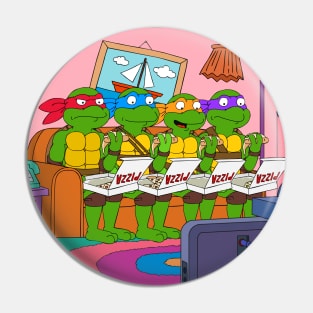 4 Green Brothers Eating Pizza on a Couch Pin