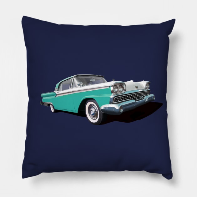 1959 Ford Galaxie in turquoise Pillow by candcretro