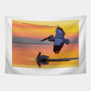 Pelican At In Flight At Sunset Tapestry