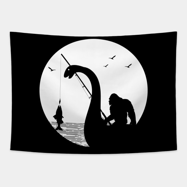 Bigfoot Riding Loch Ness Monster Sasquatch Fishing Tapestry by Tesszero