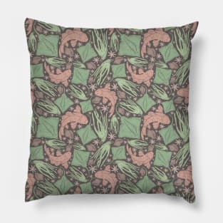 Green squid with fish and mollusk on brown background Pillow
