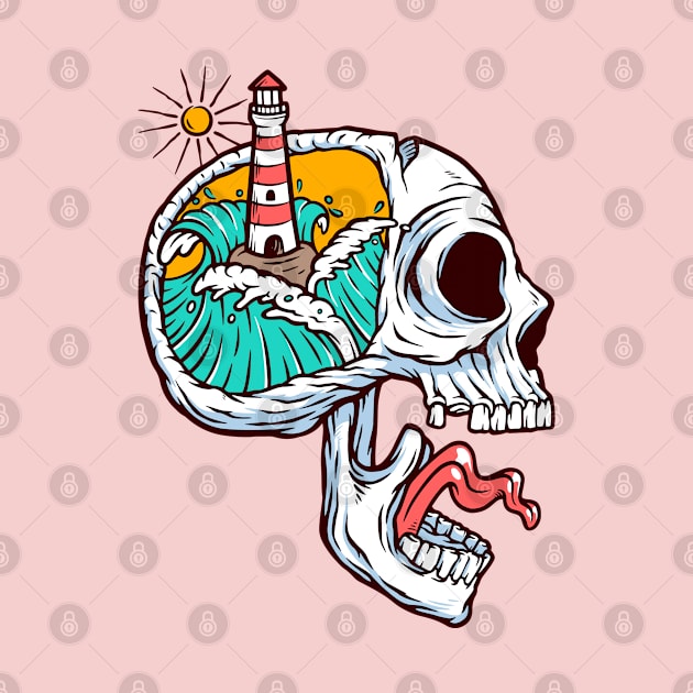 lighthouse and ocean in skull mind by sharukhdesign