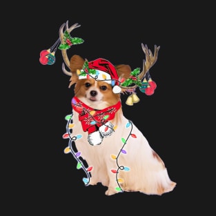 Papillon Reindeer Santa Hat Christmas Lights Merry Xmas T-Shirt