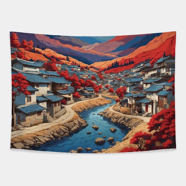 Darangee Village South Korea Starry Night South Korea Travel Tourism Retro Vintage Tapestry by TravelersGems