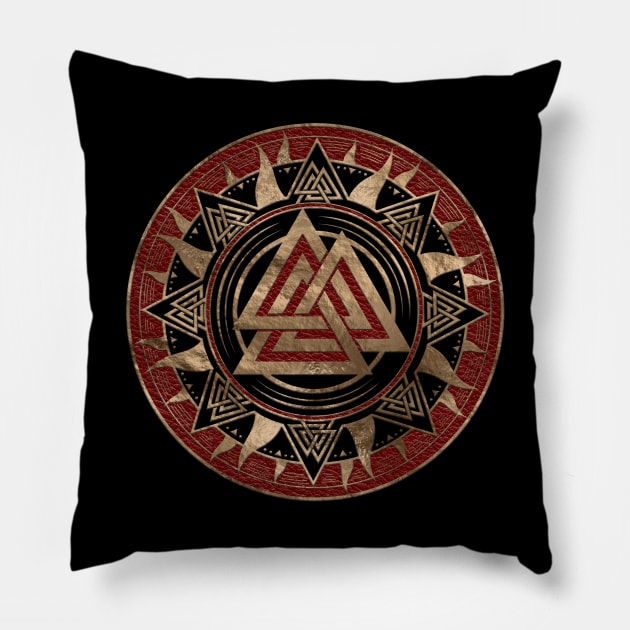 Valknut Symbol Red Leather and gold Pillow by Nartissima