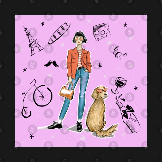 My Dog and Me in Chic Orange Glasses (Paris Background) by Ji Illustrator