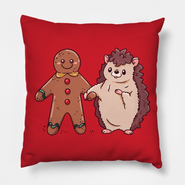 Cute Cartoon Christmas Hedgehog with Gingerbread Man Pillow by SLAG_Creative