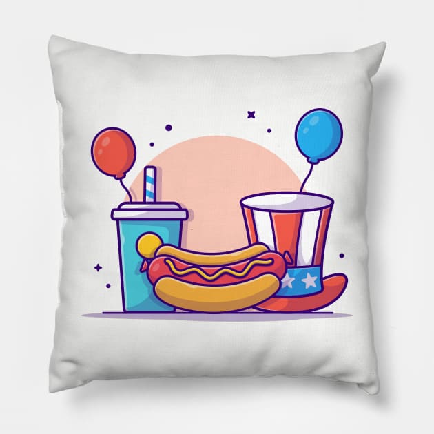 Tasty Hotdog with USA Independence Day Flag Soda, Hat and Balloon Cartoon Vector Icon Illustration Pillow by Catalyst Labs