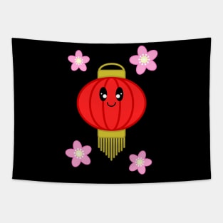 Cute Lantern with Sakura Flowers in Black Background Tapestry