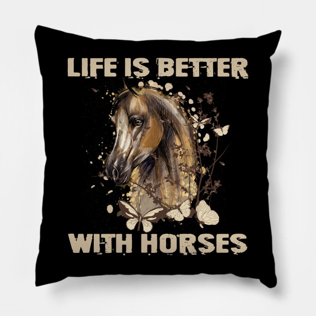 Cute Life Is Better With Horses Horseback Riding Pillow by paola.illustrations