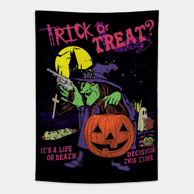 Trick Or Treat? Funny Witch Pumpkin Halloween Horror All Black Version Tapestry by blueversion