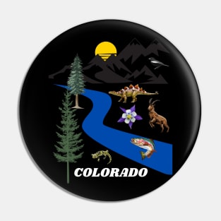 COLORADO SUN MOUNTAINS BLUE SPRUCE STREAMS AND COLUMBINE, BIGHORN SHEEP, LARK BUNTING, STEGOSAURS, WESTERN TIGER SALAMANDER, AND GREENBACK CUTTHROAT TROUT Pin