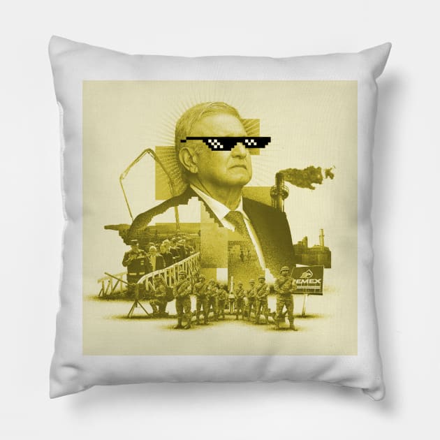 amlo the mexican president in swag style art collage ecopop Pillow by jorge_lebeau