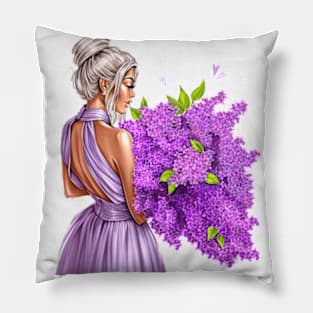 Blonde Girl Lilac Flower Bouquet Pillow