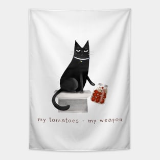 Cartoon black cat throwing off a jar of tomatoes with the inscription "My tomatoes - my weapon." Tapestry