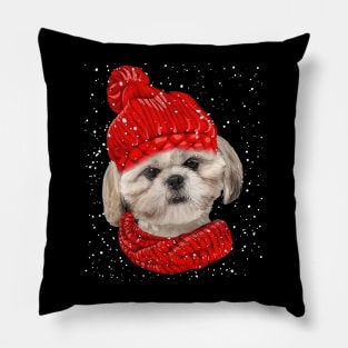 Shih Tzu Wearing Red Hat And Scarf In Snow Christmas Pillow