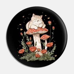 Vintage Cottagecore Nature Aesthetic mushroom Cat Floral Garden Kawaii Kitten Pin