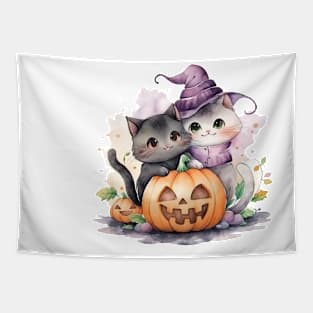 Cute Witch Cat and Pumpkin Halloween Tapestry