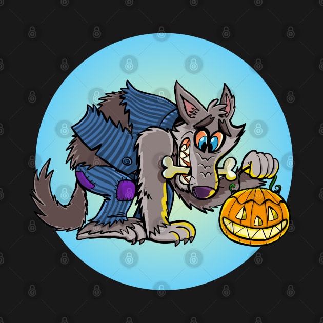 funny werewolf is holding a pumpkin lamp for Halloween by duxpavlic