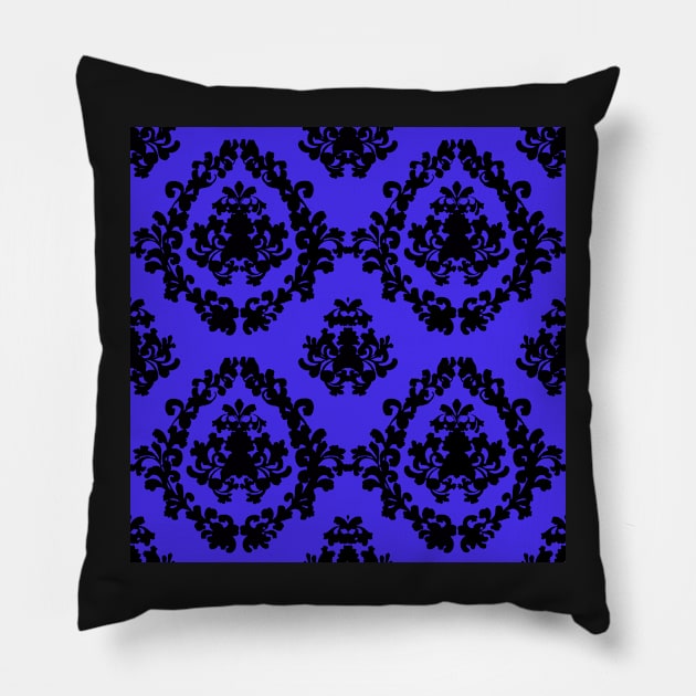 Victorian Damask Black and Blue Pillow by Overthetopsm