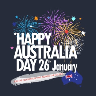 Happy Australia Day 26th January inscription poster with Australian Flag, Australia Map, stars and fireworks. Funny Australia, Patriotic National Holiday Festive Poster for gifts and clothing design. Festival Event decoration. T-Shirt