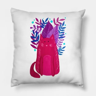 Cat and foliage - pink, purple and blue Pillow